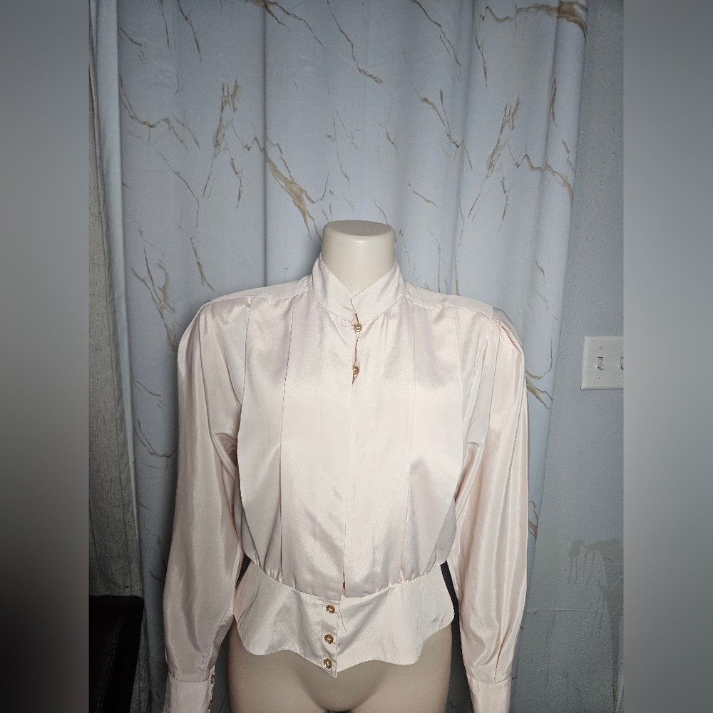 Vintage-Inspired Ivory Satin Long-Sleeve Blouse